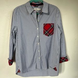 Vineyard Vines Blue White Stripe Tartan Plaid Accent Pocket Button Up Shirt Top